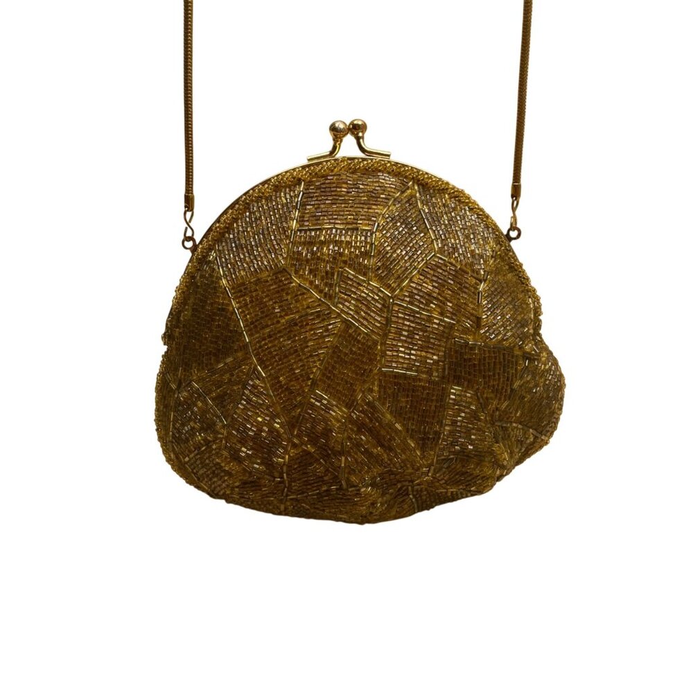 Walborg Women’s Yellow & Gold Beaded Clasp Closure Vintage Design Evening Bag